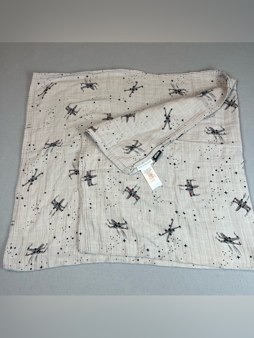 Pottery Barn Kids Star Wars Muslin Swaddle Blanket X-Wing Organic Cotton Grey